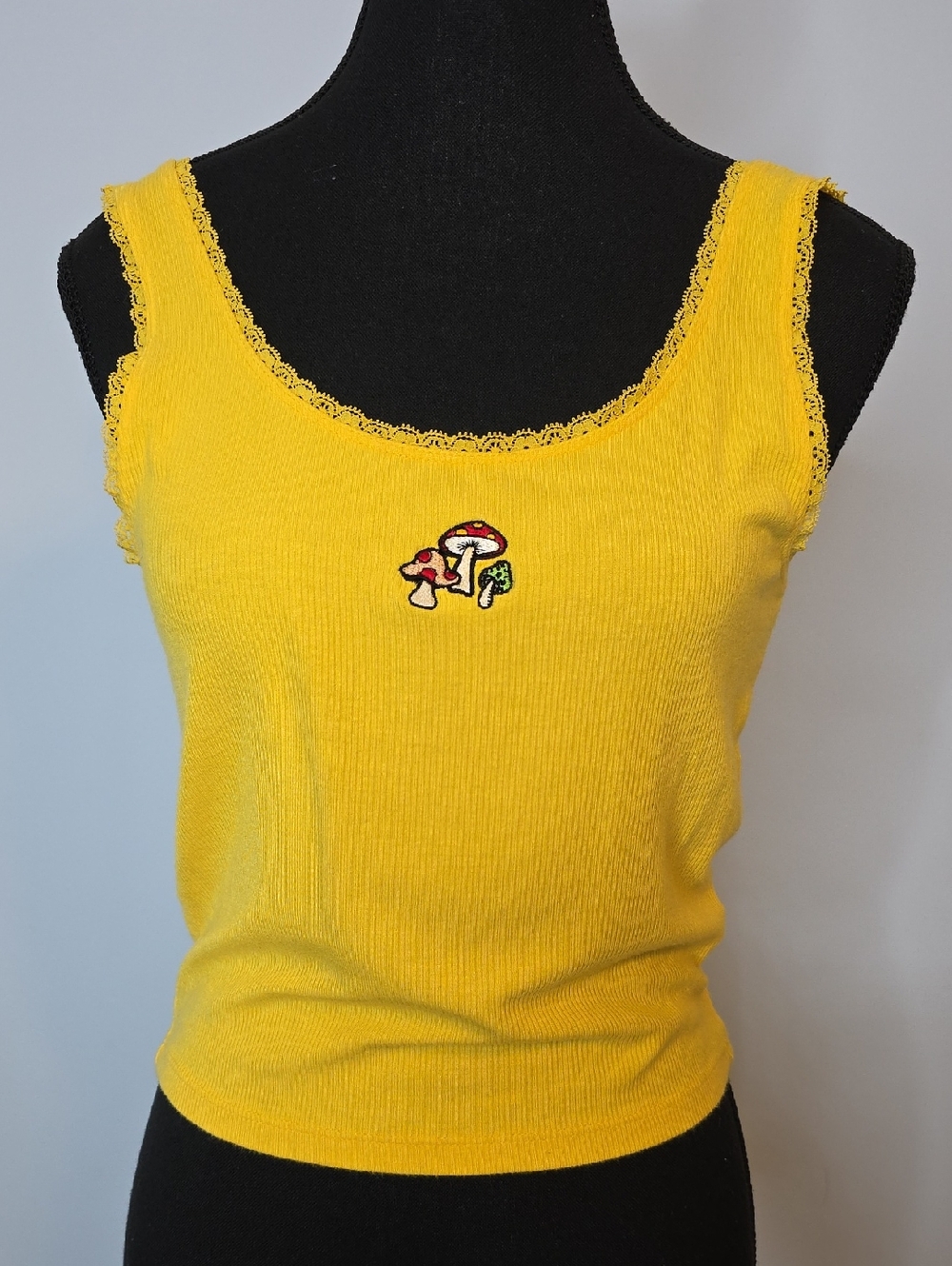 Forever 21 Yellow Lace-Trim Tank with Mushroom Patch